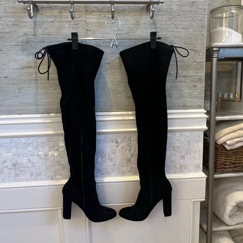 New 6.5 target over the knee floral embroidered faux suede black heel boots - Picture 6 of 17